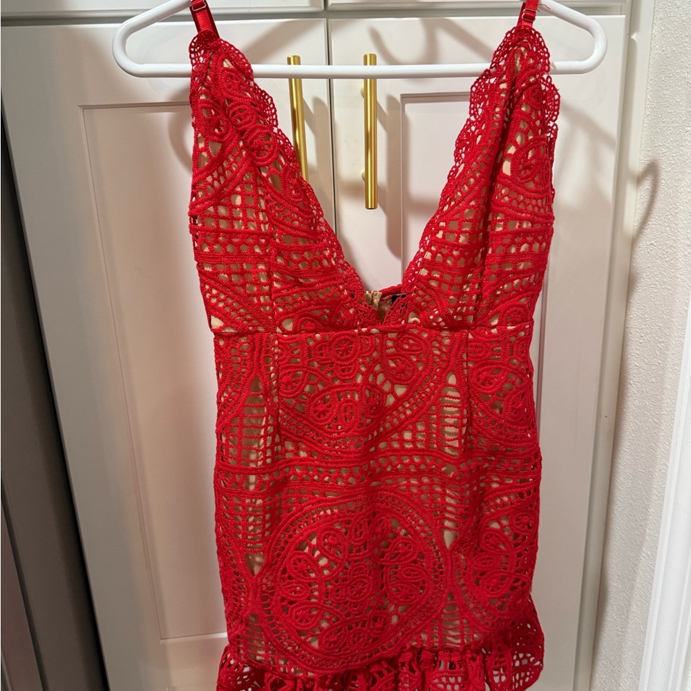 PrettyLittleThing Red Lace Backless Dress